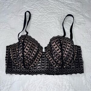 Adore Me Bra 34DD Lace Hearts Black Nude Underwired Unlined Bustier